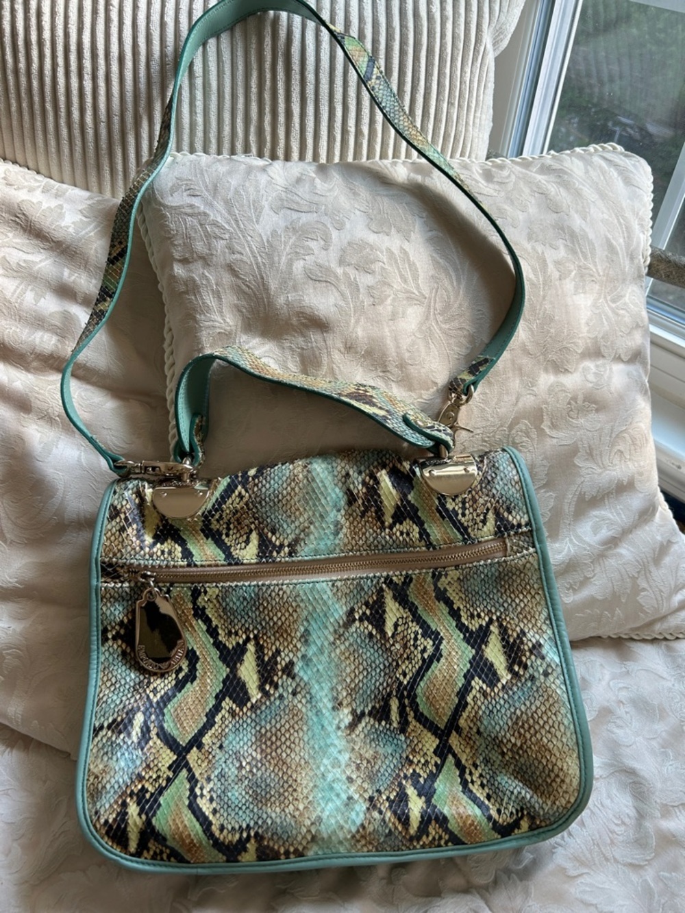7029. Emporio Armani Mint, Black and Tan Genuine Snakeskin Shoulder Bag